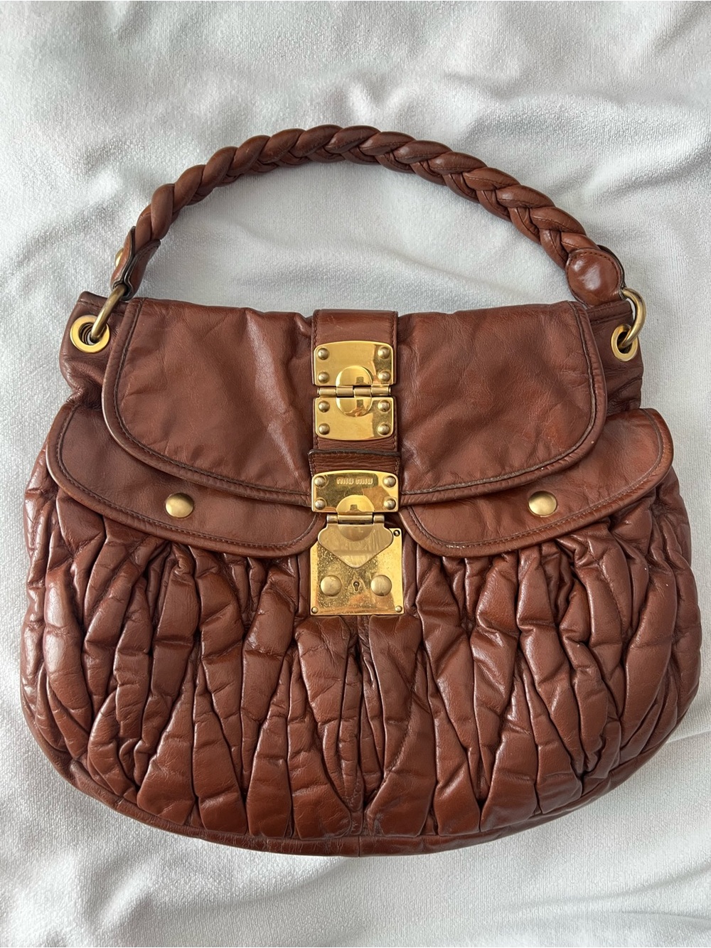 Miu Miu Cognac Braided-Handle Hobo with Gold Hardware
